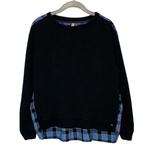 Anthropologie Pilcro Contrast Flannel Pullover Sweatshirt Black Blue Plaid Sz S